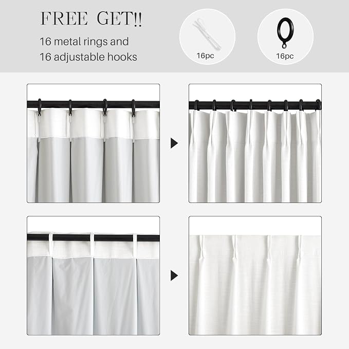 Pinch Pleated Curtains 100% Blackout Linen Curtains 90 Inches Long for Bedroom Living Room, White Memory Trained Thermal Insulated Room Darkening Window Pleat Drapes with Hooks, 2 Panels, 40"Wx90"L