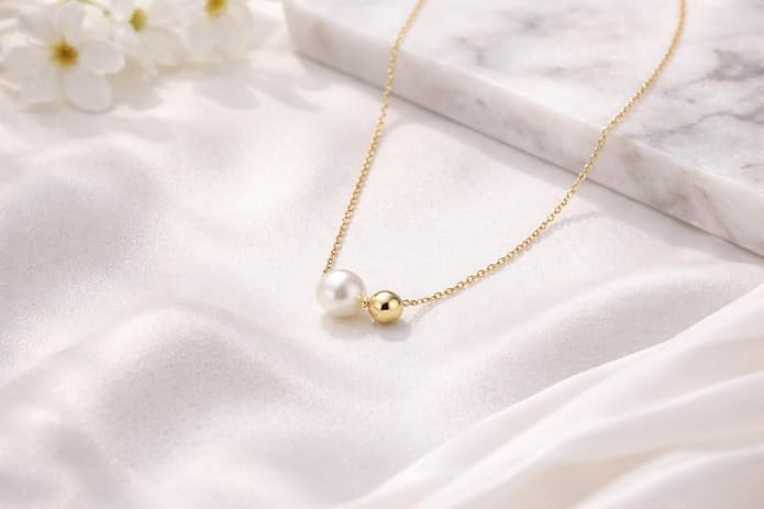 QueenBee Double Floating Pearl & Bead Bolo Necklace - 8mm Pearl with 14K Gold Filled or 925 Sterling Silver Accents, Adjustable Slider Chain, No-Clasp Waterproof Jewelry