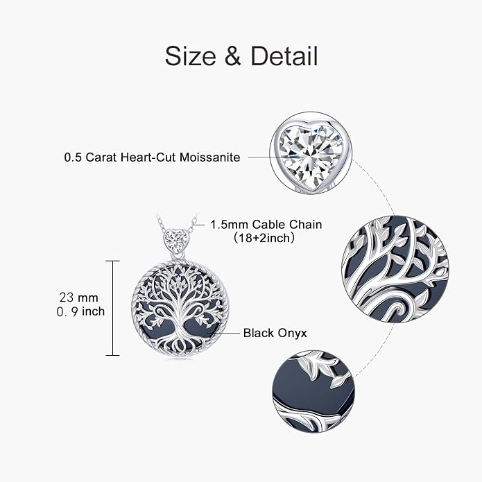 Tree of Life Moissanite Necklace, 925 Sterling Silver 0.5 Carat Moissanite Abalone Shell/Opal/Black Onyx/Turquoise/Malachite/Tiger Eye Stone Tree of Life Pendant Necklaces Jewelry Gift for Women Mom