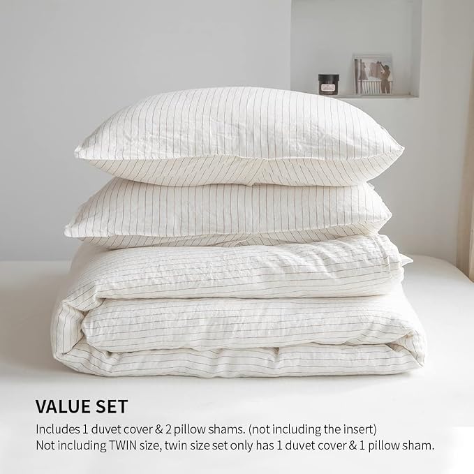 Simple&Opulence 100% Linen Striped Duvet Cover Queen 3pcs, Yarn Dyed Vertical Pinstripe Ticking Pattern Natural French Washed Flax Breathable Farmhouse Bedding - Cinnamon Stripe