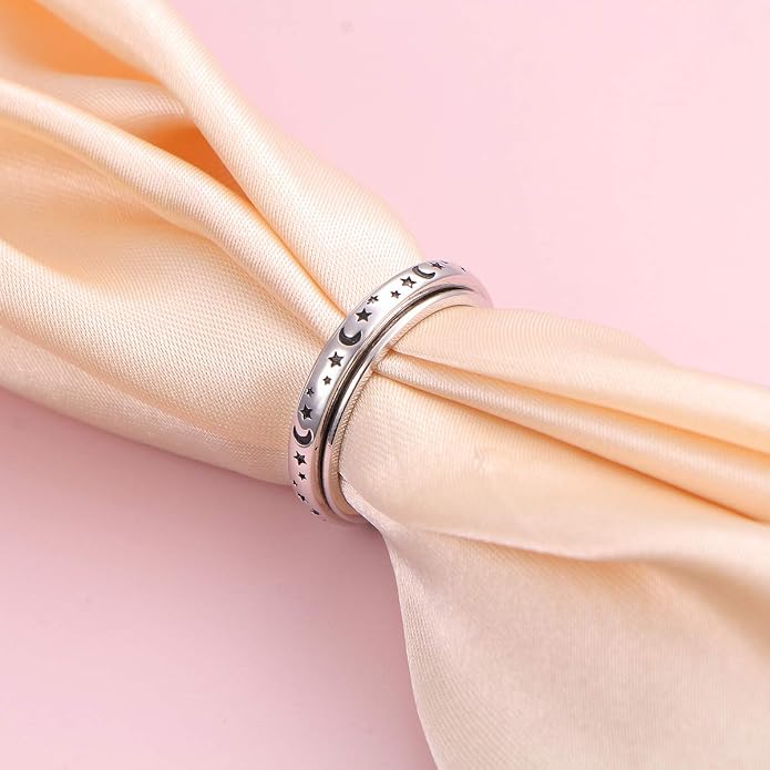Alphm S925 Sterling Silver Spinner Fidget Anxiety Worry Relieving Boredom ADHD Autism Band Rings