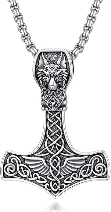 PROESS Thors Hammer Necklace Sterling Silver Celtic Knot Wolf/Lion/Raven Necklace Viking Mjolnir Pendant Jewelry for Men