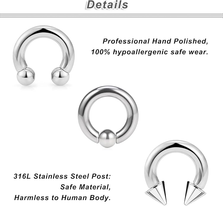 00G 0G 2G 4G 6G 8G 10G 12G 14G 16G Septum Rings Silver Black Surgical Steel Heavy Gauges Earrings Stretching kit Eyebrow Lip Septm Nose Rings Helix Tragus Daith Rook Earrings Hoops 10mm-19mm