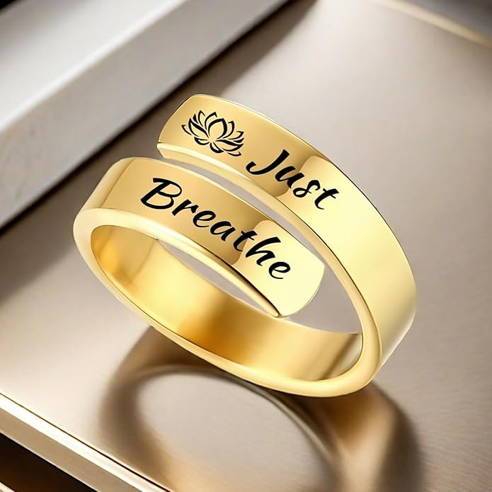 HUASAI Just Breathe Hope Rings for Women Adjustable Tarnish Resistant Stainless Steel Inspirational Jewelry Gifts