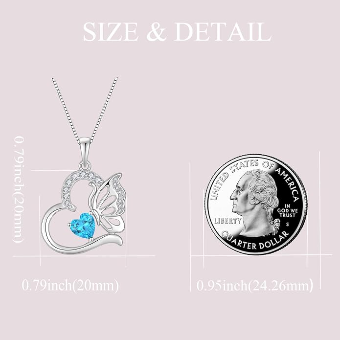 Butterfly Necklace for Women 925 Sterling Silver Heart Pendant Birthstones Jewelry Gift