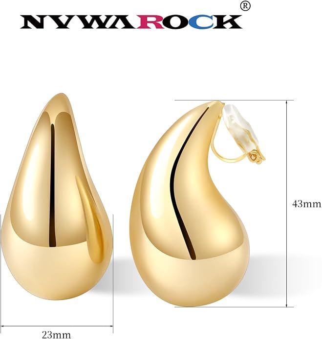 Gold Drop Clip On Earrings Dupes Teardrop Chunky Non Pierced Earring 14K Real Gold Plated Hypoallergenic Lightweight Earrings for Women（Gold and Silver）