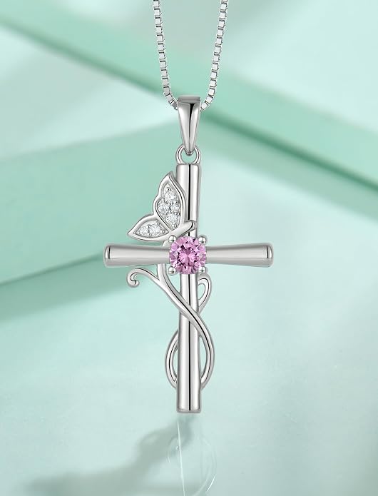 STARCHENIE Butterfly Cross Necklace 925 Sterling Silver Crucifix Pendant Birthstone Jewelry for Women