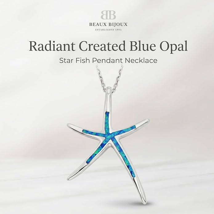 Created Blue Opal Ocean Necklace for Women, 925 Sterling Silver Pendant, 18 Inch Chain, Beach and Sea Life Jewelry Collection
