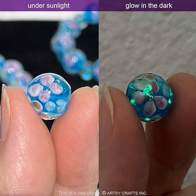 Artsy Crafts 12 Pcs Lily Flower Glow in The Dark Firefly Beads, 12mm European Lampwork Luminous Glass Beads for Jewelry Making Charm Bracelet Necklace Earrings Crafts (Lily - Blue)