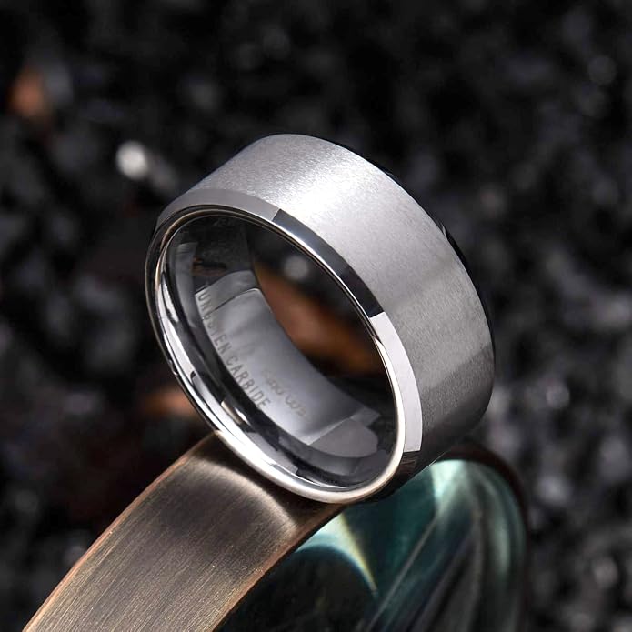 King Will Tungsten Men's Wedding Ring - Available in 6mm to 10mm, Black/Silver, Matte Finish, Beveled Polished Edge, Comfort Fit