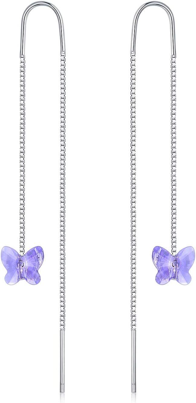 AOBOCO Heart/Butterfly/Cube Threader Dangle Drop Earrings - 925 Sterling Silver Long Chain Earring for Women Baroque Hook Drop Earrings Crystals from Austria