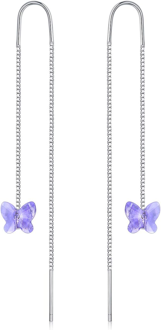 AOBOCO Heart/Butterfly/Cube Threader Dangle Drop Earrings - 925 Sterling Silver Long Chain Earring for Women Baroque Hook Drop Earrings Crystals from Austria