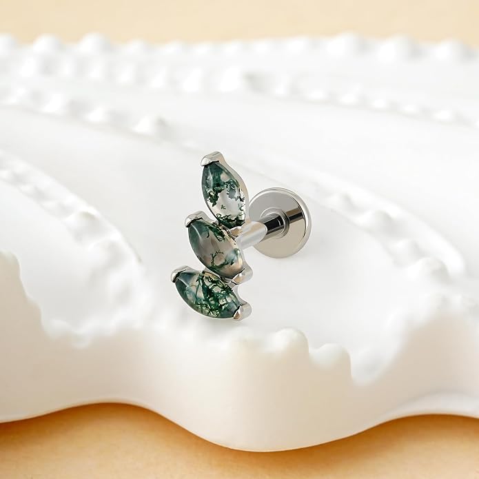 FINE4U 16G Moss Agate Body Piercing Jewelry for Helix Flat Tragus Lobe 16G 6mm 8mm - ASTM F136 Titanium Screw on Flat Back Stud, Hypoallergenic Cartilage Earring