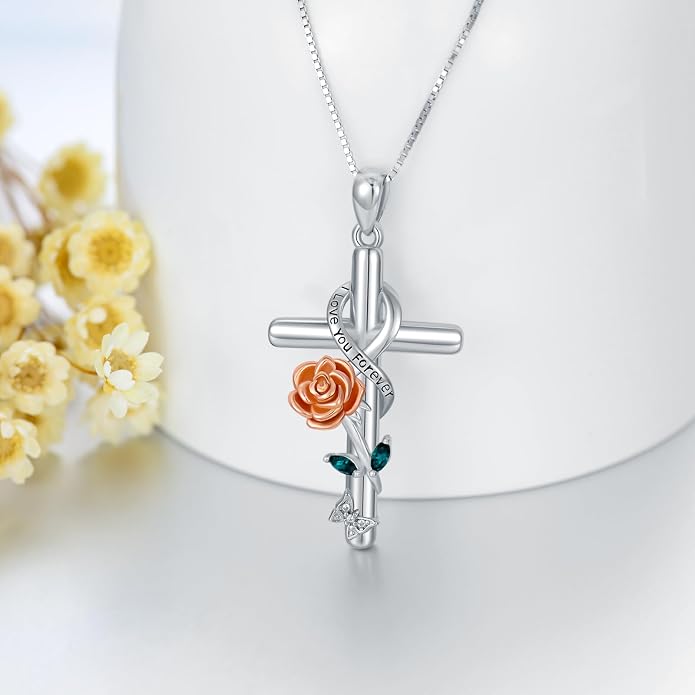 Cross Necklace for Women 925 Sterling Silver I Love You Necklace Religious Jewelry with Gift Box for Mother Daughter