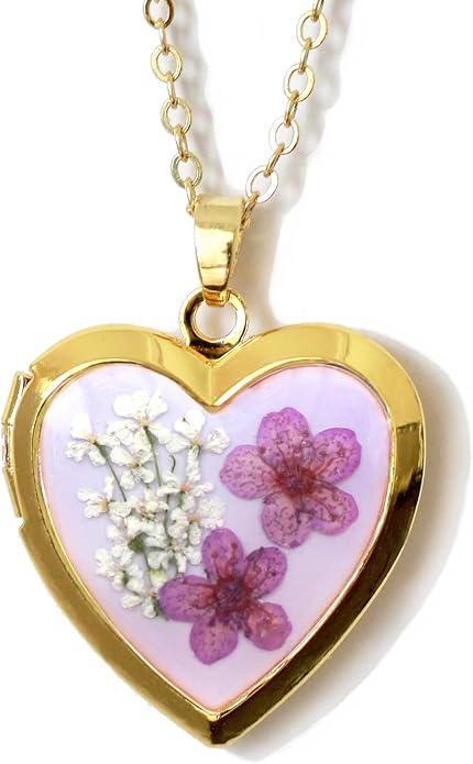 Handmade Heart Shaped Dried Pressed Forget Me Not Flower Photo Locket Pendant Necklace