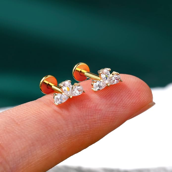 Cocharm 14K Solid Gold Cartilage Earring - 16g Flower Yellow Gold Flat Back Helix Stud, 14K Gold Push in Tragus Earring, Threadless Conch Stud