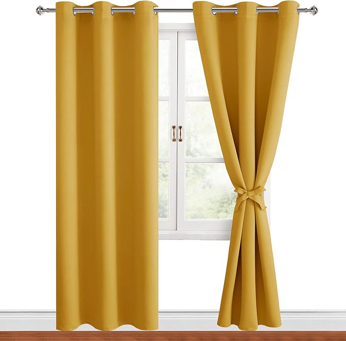 Hiasan Blackout Curtains for Bedroom, 42 x 84 Inches Long - Thermal Insulated & Light Blocking Window Curtains for Living Room, 2 Drape Panels Sewn with Tiebacks, Mustard Yellow