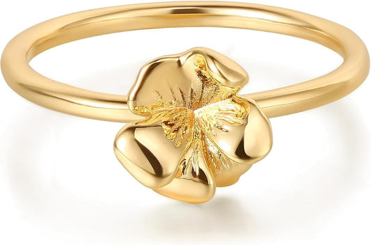 Birth Flower Ring for Women 14K Gold Plated Floral Minimalist Stackable Finger Jewelry Birthday Gifts
