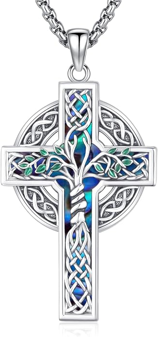Celtic Cross Tree of Life Necklace for Women Sterling Silver Thor Hammer Tree of Life Pendant Irish Knot Cross Amulet Tree of Life Jewelry