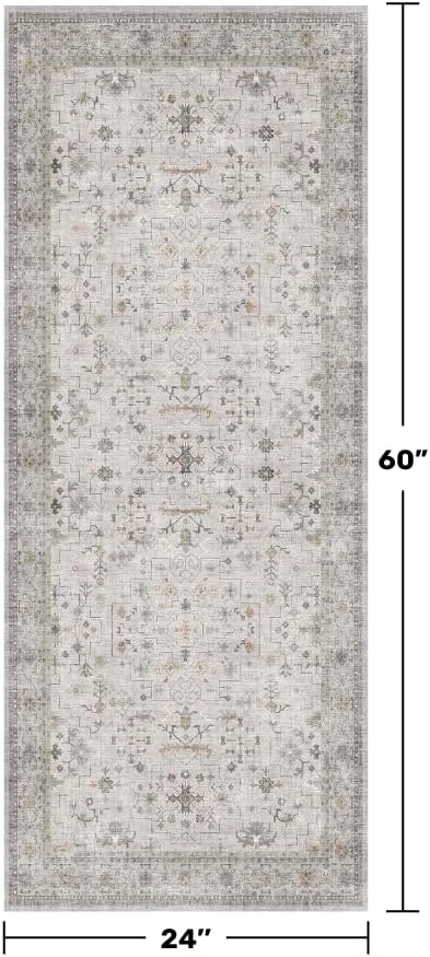 Hazo Haus Boho 2x5 Floral Bathroom Runner Rug - Washable Low Pile Runner Rugs for Laundry Room, Door Mat Indoor Entrance, Neutral Light Gray & Sage Geometric Decor & Stain Resistance