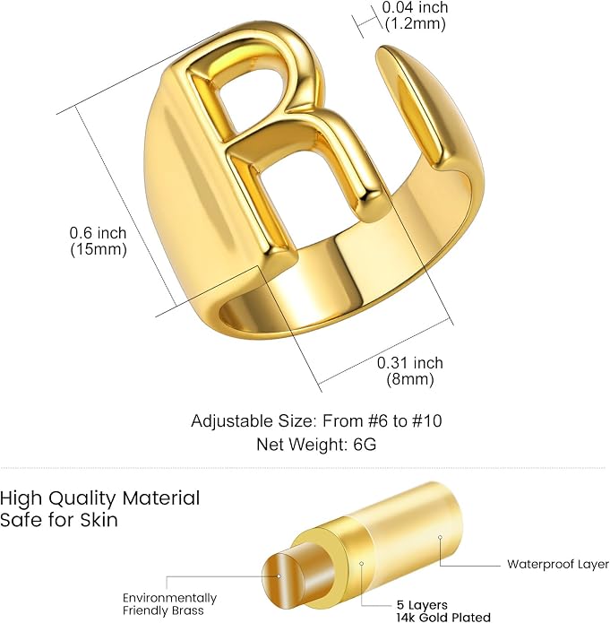 KeyStyle Bold Initial Letter Rings Adjustable, GoldChic Jewelry Women Gold Statement Ring Personalized Engraved Women’s Open Signet Ring for Party (Gold, White Gold, Black)