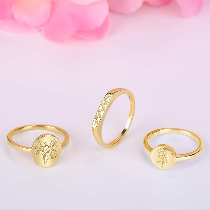 YeGieonr Handmade Flower Signet Ring,18K Gold Ring for Women, Minimalistic Statement Ring with Botanical Engraved Delicate Personalized Jewelry Gift for Women