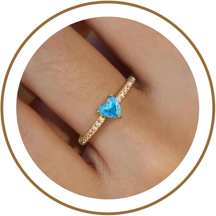 Honsny Heart Birthstone Gold Rings for Women Non Tarnish 14K Gold Plated Stackable CZ Gemstone Emerald Pinky Ring Dainty Engagement Promise Rings for Her Waterproof Jewelry Graduation Gifts Size 6-10