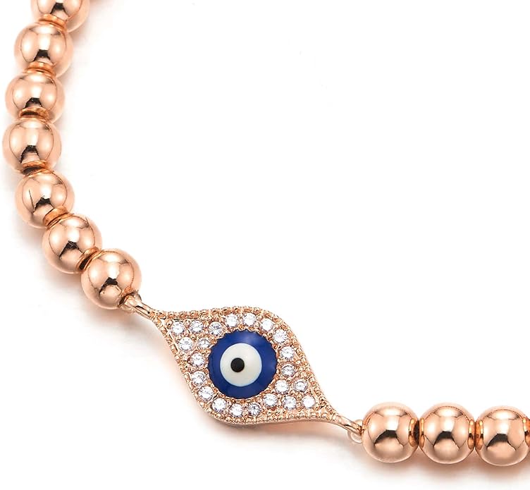 COOLSTEELANDBEYOND Beads Bracelet for Women Men with Cubic Zirconia Protection Evil Eye