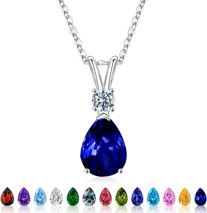 Iefil 925 Sterling Silver Birthstone Necklaces for Women - Teardrop Birthstone Jewelry, Anniversary Birthday Gifts for Women Wife Her