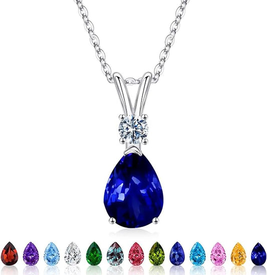 Iefil 925 Sterling Silver Birthstone Necklaces for Women - Teardrop Birthstone Jewelry, Anniversary Birthday Gifts for Women Wife Her