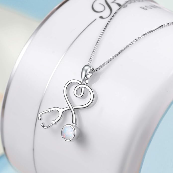 AOBOCO Stethoscope Necklace 925 Sterling Silver Embellished with 12 Months Birthstone Crystals from Austria, Graduation Gifts Medical Jewelry for Doctor Nurse Medical Student RN