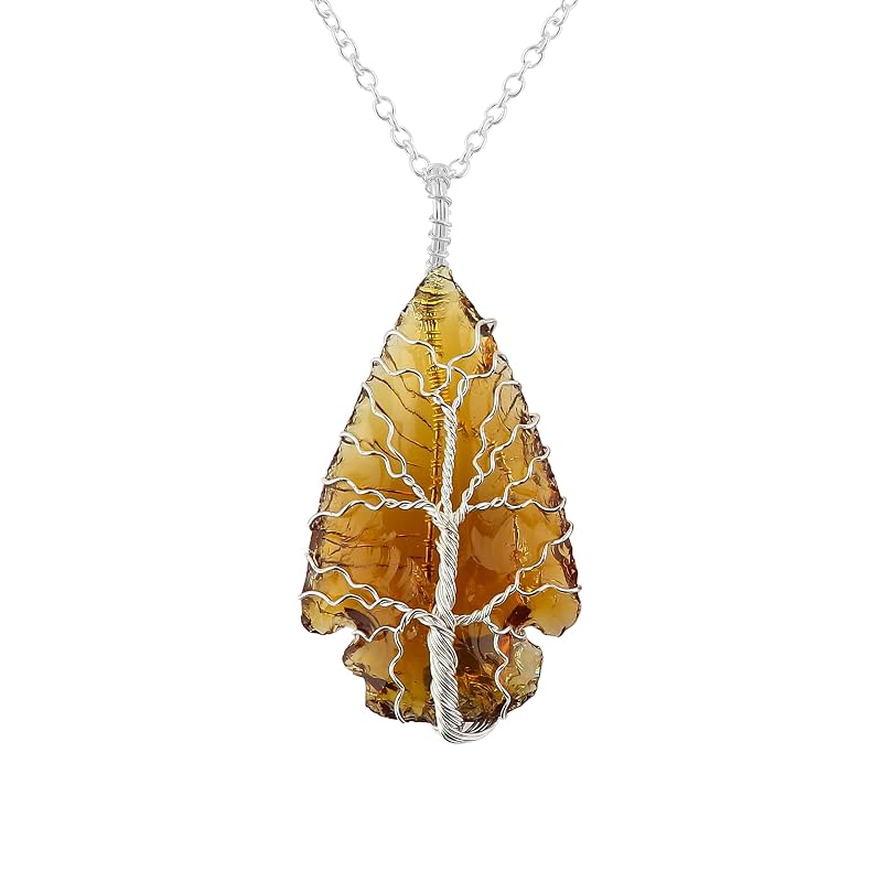 (3pcs) (Tree of Life Craft) Raw Yellow Sea Glass Rough Crystals Pendant Necklace, Heart & Star & Arrow Shapes, Wire Wrapping, Women Jewelry with Dainty Silver Plated Chain 18 inch