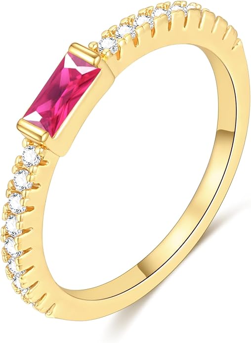 RLMOON Birthstone Gold Rings for Women Non Tarnish 14K Gold Plated Eternity Stackable Rings Dainty CZ Gemstone Engagement Rings Wedding Band Jewelry Gifts Size 4-10