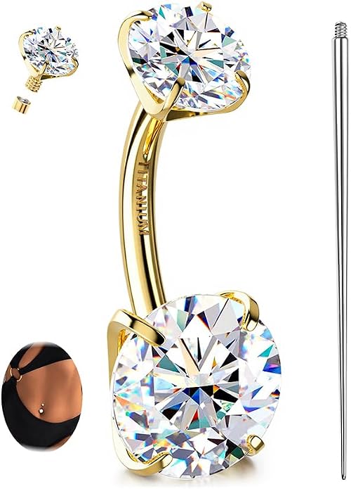 GEMQUEEN Moissanite ＆ G23 TItanium Belly Button Ring 18K Gold Plated Hypoallergenic Internally Threaded Belly Rings 14G Navel Piercing Jewelry For Women Men D Color VVS1 Clarity Brilliant Cut