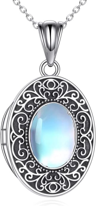 CRMAD Opal/Moonstone/Turquoise Locket Necklace for Women Sterling Silver Oval-Shaped Opal Locket Pendant Holds Pictures Always with You Vintage Style Photos Locket Jewelry Gifts for Loved One