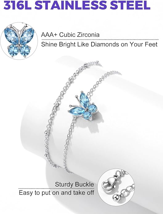 Richsteel Double Layer Heart/Butterfly Birthstone Anklet for Women Non Tarnish Waterproof, Silver/Gold/Black Stainless Steel 8.5-10.5 Inch Adjustable Chain Anklets Jewelry Gifts for Her