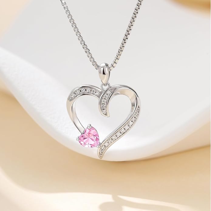 Love Heart Necklace for Women, 925 Sterling Silver Cubic Zirconia Birthstone Heart Pendant Jewelry Gift for Mom, Mother, Wife, Girlfriend on Birthday, Mother's Day, Chain 18 inch
