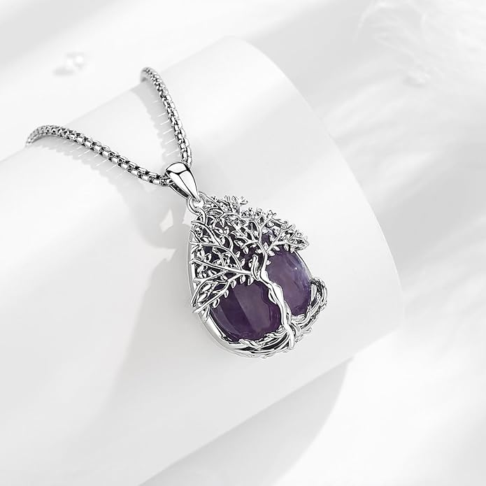 Vito Tree of Life Necklace for Women Men, Silver Plated Copper Teardrop Moonstone/Obsidian/Turquoise/Amethyst/Malachite Crystal Tree Necklace Protection Energy Amulet Jewelry Gift for Mom Wife, 20+2"