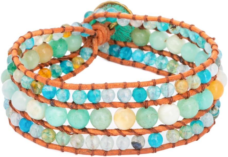 YGLINE Boho Handmade Natural Stone Bead 3 Row Wide Wrap Wrist Statment Bracelet Jewelry Collection