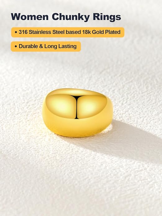 U7 Chunky Gold Dome Rings for Women, Stainless Steel/18KGold Plated/Black Statement Ring Non Tarnish Women Rings, Size 7-12
