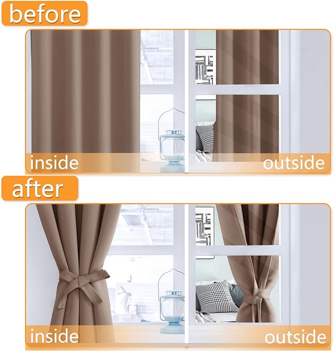 Hiasan Blackout Curtains for Bedroom, 60 x 84 Inches Long - Thermal Insulated & Light Blocking Window Curtains for Living Room, 2 Drape Panels Sewn with Tiebacks, Cappuccino
