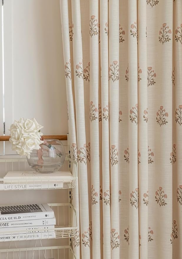 DrapePalette - Linen Blend Pinch Pleated Curtains 108 Inches Long for Living Room, Bedroom, Dining Room, Light Filtering Curtains 2 Panels Set, Modern Floral Printed Design, Beige White 30" W x 108" L