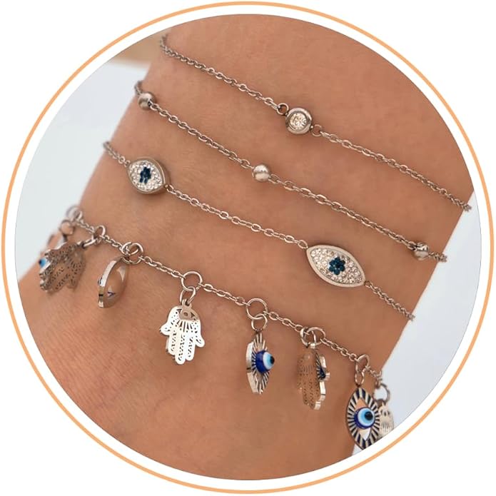 LOFITOR Ankle Bracelets for Women Glitter Waterproof Adjustable Anklet Set for Women 18K Gold Plated Silver Charm Dainty Layered Anklets, Summer Beach Anklet Jewelry for Women