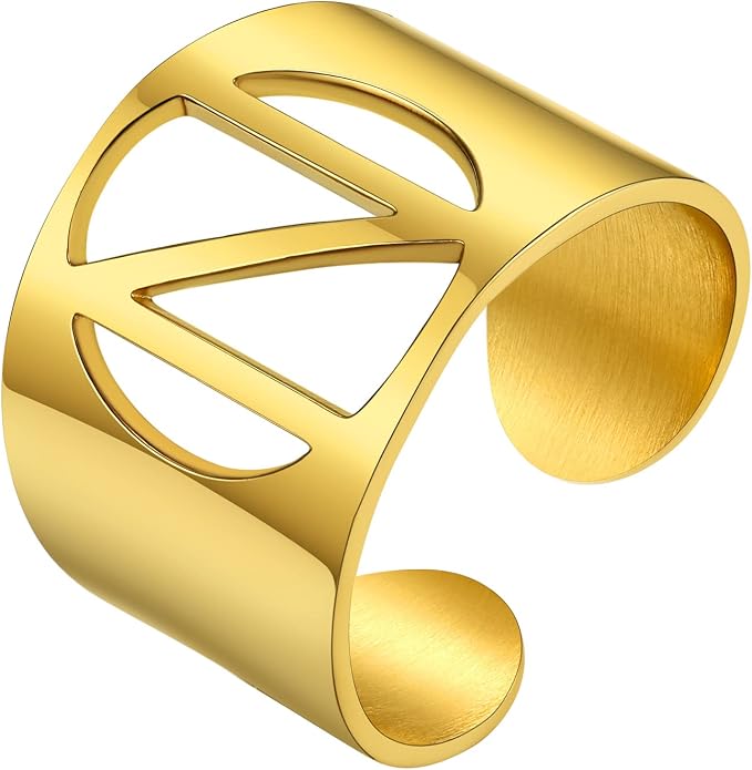 KeyStyle Bold Initial Letter Rings Adjustable, GoldChic Jewelry Women Gold Statement Ring Personalized Engraved Women’s Open Signet Ring for Party (Gold, White Gold, Black)