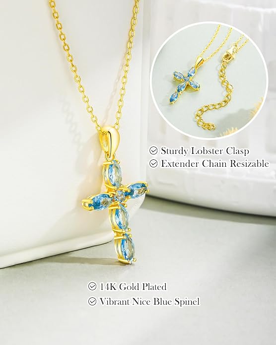 14K Gold Plated 925 Sterling Silver Birthstone Cross Necklace for Women Men
