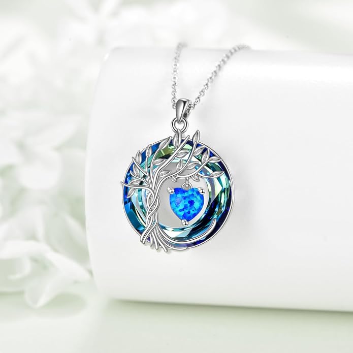 POPLYKE Mothers Day Gifts for Mom Her Wife Tree of Life Necklace 925 Sterling Silver Birthstone Pendant with Crystal Anniversary Birthday Wedding Jewelry for Women