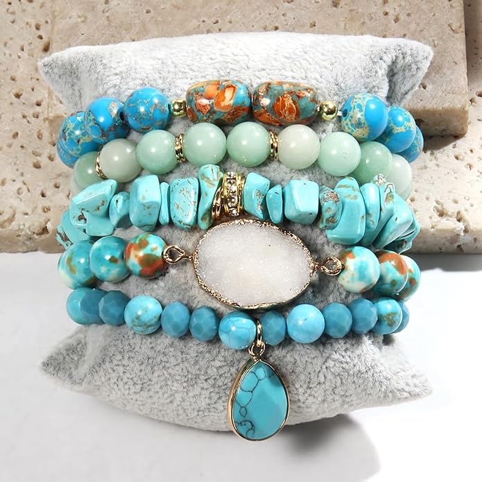 Yomisa 5PCS 6PCS Natural Boho Beaded Bracelets/Bangle for Women Men,Healing Turquoise Jasper Agate Crystal Gemstone Stone Chakra Multilayer Wrap Bohemian Handmade Jewelry Beads Stretch Bracelet Set