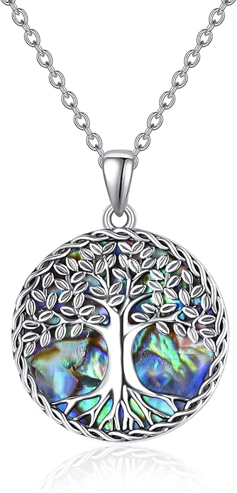Tree of Life Necklace for Women – Sterling Silver Nature-Inspired Dainty Round Pendant, Green Abalone Shell Inlaid - Spiritual Jewelry Gift