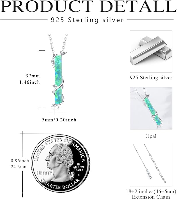 Bar Opal Leaf Necklace For Women S925 Sterling Silver White Opal Pendant with Leaf Charm Bar Pendant Jewelry Gift For Mom Daughter Wife