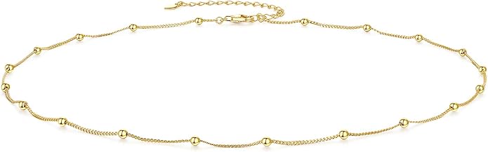 EPIRORA Choker Necklace for Women 925 Sterling Silver Gold Plated Dainty Satellite Bead Chain Pendant Minimalist Jewelry, 16''+2"